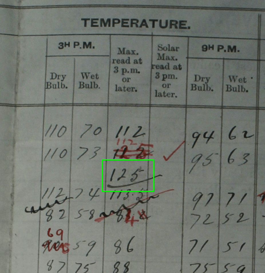 Exhibit 1. Photograph from log book of temperature recording as made at Bourke post office in January 1909.   Photograph taken by Jennifer Marohasy at National Archives of Australia, Chester Hill reading room, on 26 June 2014.  