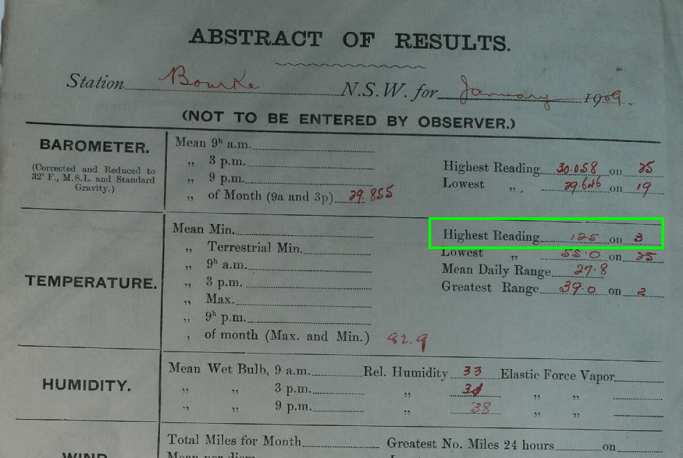 Exhibit 2. 'Abstract of Results' page from the log book.   Photograph taken by Jennifer Marohasy at the National Archives of Australia, Chester Hill reading room on 26 June 2014. 