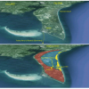 After the Inlet to Rostocker Harbour Closed Over Top image shows the modern landscape. Bottom image shows geography during the Little Ice Age with Rostocker Harbour open. The area marked in yellow shows a chain of barrier islands, with the blue area below sea level and at that time covered in sea.